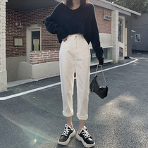 2021 New Spring and Autumn white jeans womens straight tube loose high waist small man Harlan radish pants autumn clothes