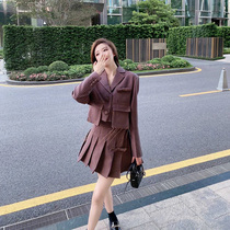 New retro temperament Plaid college style Joker suit high waist pleated skirt short set women 2021 autumn