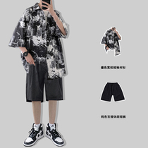 Summer port style half sleeve shirt Ruffian handsome mens short sleeve loose large size set with handsome middle sleeve shirt suit