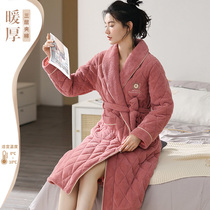 Womens winter three-layer cotton coral velvet plus velvet padded medium-length warm bathrobe flannel home clothing