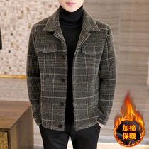 Autumn and winter mink coat mens short woolen trench coat casual coat mens cotton plaid mens lapel jacket