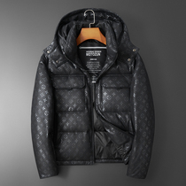 New winter mens sheepskin leather down jacket hooded short light luxury bread clothing Tide brand large size coat mens clothing