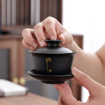 Black Pottery Sketching Gold Cover Bowl Tea Tea Cup Single Tea Bowl Not Bronzing Handmade Tea Cup Home Kung Fu Sancai