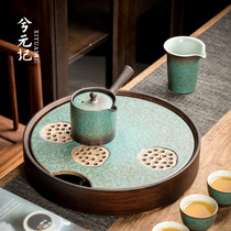 Malachite green small tea tray Drain dry bubble round tray Japanese household water storage dry bubble table Kung Fu tea set Tea sea