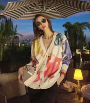 Autumn new Korean style loose single-breasted long sleeve sweater jacket watercolor print knitted cardigan women