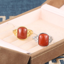 S925 sterling silver gold-plated geometric egg face south red agate gemstone Xiangyun classic retro womens opening ring ring