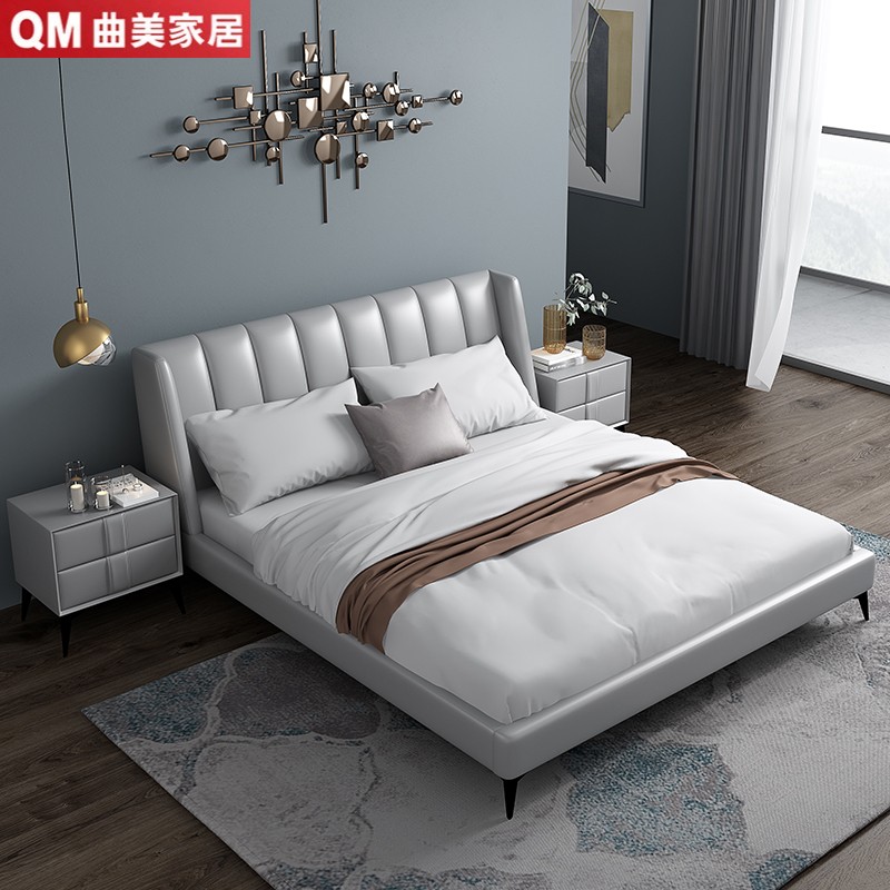 Qumei 北欧ライト高級レザーベッドマスターベッドルームダブルベッドモダンシンプルな小さなアパートイタリアのハイボックス収納ベッド家具