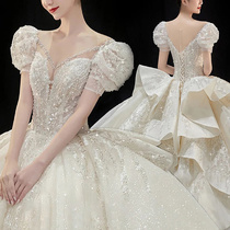 French main wedding dress 2021 new temperament bride trailing conservative champagne color thick arm small bubble sleeve summer