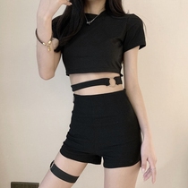 Pole dance clothing European and American ins sexy tight and thin pole dance black high waist leg ring casual two-piece suit