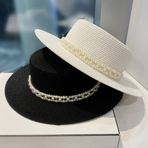 Tide brand summer sunshade big cornice womens top hat French elegant pearl chain casual fashion wild white sun hat