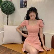 French vintage square collar bubble sleeve dress 2021 New temperament waist slim short dress women Summer