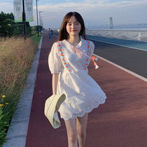 Summer 2021 new small fresh super fairy forest department openwork lace lace-up waist thin short-sleeved dress children