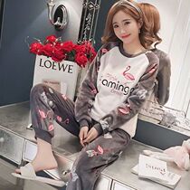 Pajamas women winter coral velvet Korean long sleeve plus velvet padded flannel cute autumn and winter home clothes set women