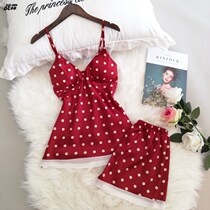 Spring and autumn ice silk pajamas womens summer thin polka dot polka dot sling shorts vest sweet and cute with chest pad set