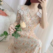 Doll collar floral dress Female summer waist thin temperament fairy skirt gentle wind lace stitching princess skirt