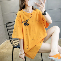 Korean version of the polka dot T-shirt mid-length European station plus size loose short-sleeved orange round neck casual T-shirt summer tide