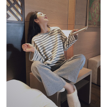 Pure cotton pyjamas suit womens spring and autumn new long sleeves Two suits Striped Hans sweet beauty can be worn outside the home clothes