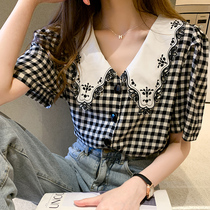 High quality Korean 2022 New embroidered doll collar retro plaid shirt women hipster short sleeve summer
