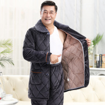 Pajamas men coral velvet cotton autumn and winter plus large size plus velvet middle-aged dad warm home clothing set