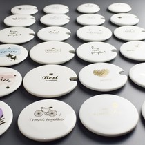 Gold pattern upscale white ceramic cup lid cartoon dust resistant large number universal round accessory pure color cover