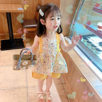 2021 summer new childrens clothing childrens Korean version floral halter shirt shorts two-piece suit girls sleeveless halter shirt