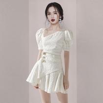 Light luxury French retro temperament skinny fishtail skirt 2021 summer dress new female design sense diagonal collar dress