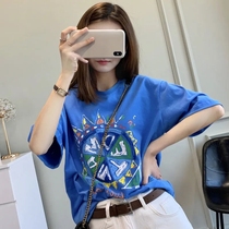 (Buy all said good) Macaron color graffiti age age reduction casual loose cotton short sleeve T-shirt female super Fire ins