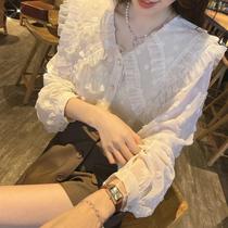2021 Spring and Autumn new female design sense long sleeve sweet lace Joker shirt breasted thin pants skirt two-piece set