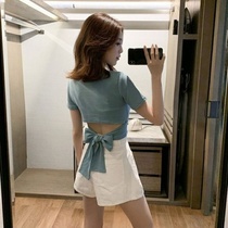 2020 summer new Korean round neck open waist butterfly lace-up short-sleeved T-shirt womens niche design sense of mind T-shirt top