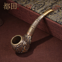 Dutian handmade pure copper pipe Buddha carved dragon traditional old-fashioned portable carved dry smoke bag pot pot tobacco male gift