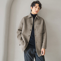 Mens double-sided wool woolen cloth coat short autumn and winter Korean version of tide herringbone pattern thick Nizi cashmere coat