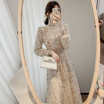 (Lined) floral chiffon dress 2021 Spring and Autumn new waist thin temperament long sleeve long skirt women