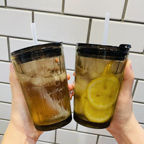 Tea color retro glass cup coffee breakfast Milk Cup household drinking female summer large capacity straw water cup with lid