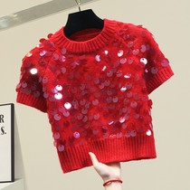2022 design sense short sleeve hooded sweatshirt woman Lazy Wind short Temperament Bright Sheet Red Sweater Blouse