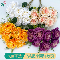 7 head of bouquet Western Roses 2 head oil roses home flower bottle and fake single - head silk flower