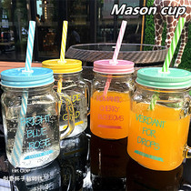 Color Letter Straw Meisenbottle Glass glass 450ml Creative glass water glass with lid with straw cold Drinking cup