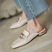 Leather Baotou half slippers Womens summer fashion outside wear flat sandals metal buckle heel-less lazy Muller shoes
