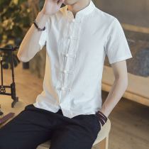 Summer Chinese style shirt mens short sleeve Chinese collar retro disc buckle Tang suit Zen Han suit Zhongshan shirt tide