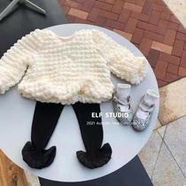 Girls autumn suit new Korean version of three-dimensional waffle pullover lace leggings children Foreign style suit