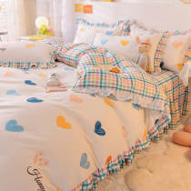  Korean version of the pastoral style bed skirt four-piece cotton cotton fairy princess style sheets girl heart lace double quilt cover