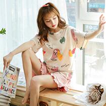 Summer new short-sleeved cotton pajamas loose round neck Korean cartoon cute sweet female student home service suit