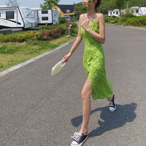 2021 Summer Resort French Vintage Fairy Green Floral High Waist Suspender Split Skirt Chiffon Dress