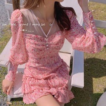  Sweet little floral dress 2021 new mesh stitching high waist thin chiffon short skirt age reduction small fresh(