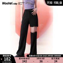 Woooha Wu Ha 2022 Summer New Retro High Waist West Clothing Pants Woman Straight Cylinder Broken Hole Splicing Loose Casual Pants