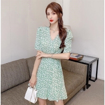 Floral dress female f French v-neck A-line high waist thin bubble sleeve design French small womens short skirt
