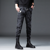 Six-pocket jeans men plus velvet jacquard dark pattern autumn and winter 2021 New slim feet casual long pants