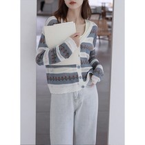 Counter quality pure cotton thread retro small flower striped knitted cardigan coat female spring and autumn thin small outside