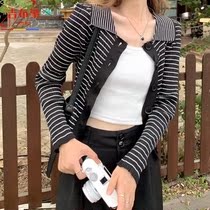 Striped knitwear womens autumn single-breasted color slim long-sleeved shirt college style foreign-style age-less jacket