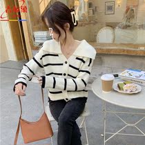 Striped knitwear womens autumn single-breasted loose gentle wind long-sleeved top with large lapels