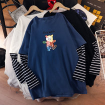 2021 New loose Korean cotton pregnant woman T-shirt large size 200 Jin long stripes fashion Top Autumn